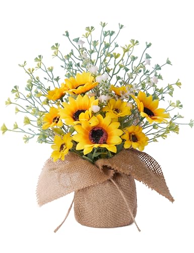 KIVIVO Sunflower Decor 1 Pcs Farmhouse Rustic Sunflower Kitchen Decor Centerpieces for Tables Fake Artificial Sunflowers Flowers in Burlap Bag Vase Summer Decorations Indoor Outdoor for Home