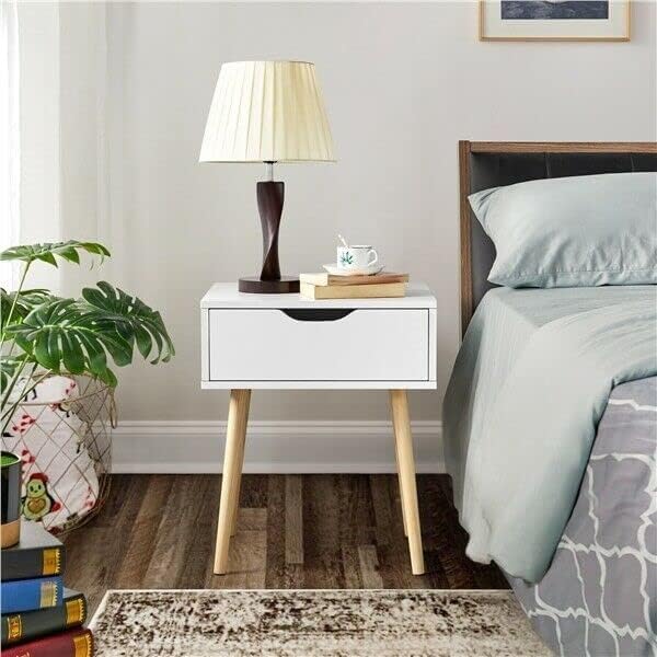 Image of Modern White Bedside Table with 1 Drawers & Wooden Legs | Compact Nightstand for Bedroom | Scandinavian Style Side Table with Storage for Home Living Room (White, 1 Drawer)