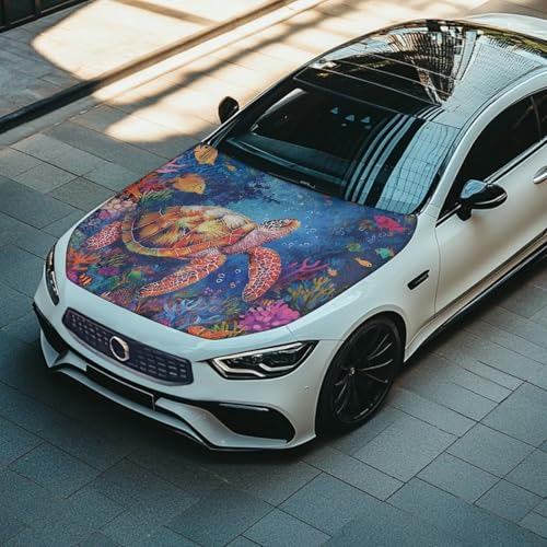 Image of Turtle Pattern Car Hood Cover Easy to Install Car Hood Cover Protector Elastic Fabrics Can be Washed Stretch Polyester Fabric Cover Personalized Suitable for Cars