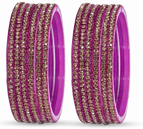 Image of NMII Glass with Zircon Gemstone and Beads Studdded Glossy Finished Traditional Bangle Set For Women and Girls
