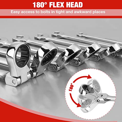 Image of WORKPRO 8-piece Ratcheting Combination Wrench Set, SAE & Polished | SAE 5 /16-3 /4 inch, 180 Flex-Head, 72-Tooth Ratchet, Cr-V Steel, Roll Up Pouch for Auto Repair & Home DIY