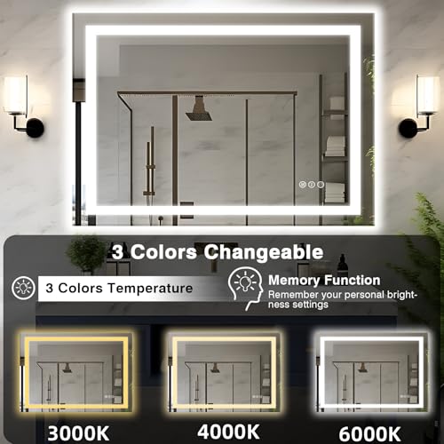 48"x36" LED Bathroom Mirrors for Wall, Front and Backlit Mirror, Anti-Fog Vanity Mirror with Lights, Stepless Dimmable Lighted Mirror, 3 Colors Smart Mirror (Horizontal/Vertical)