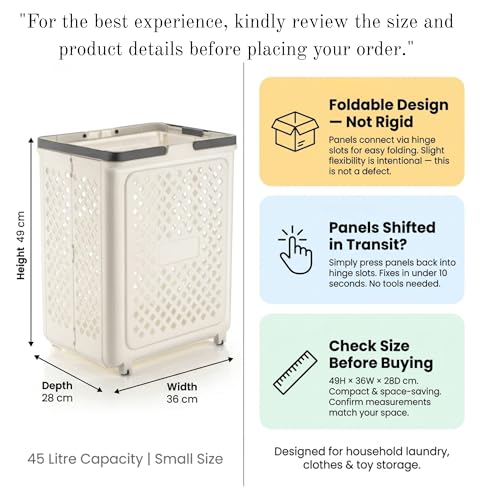 Image of Plastic Foldable Laundry Basket with Wheels 45L | Small Size | Collapsible Laundry Hamper & Toy Storage Basket 46 X 36 X 28CM | Laundry & Home Organization