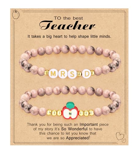 Teacher Appreciation Gifts for Women,Teacher Must Haves Initial Bracelet Mrs Miss End of Year Teacher Gifts Thank You for Helping Me Grow Music Math Science Teachers Bracelets Retirement 2 Set Jewelry