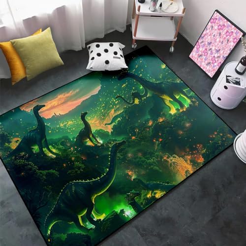 Dinosaur Area Rug Dinosaur Rugs for Boys Bedroom Green Animal Pattern Prints Carpets for Teen Boys Room Living Room Bedroom Playroom Soft Floor Mat, 5'×7'
