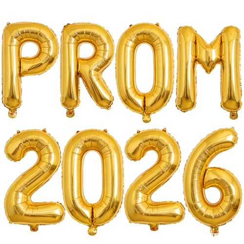 VHUWE Gold PROM 2026 Balloons, 32 Inch Foil Prom 2026 Balloon Banner for Promenade Graduation Decorations 2026 Congratulations Balloons Graduation Party Decorations