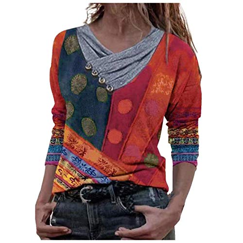 ZEFOTIM Henley Shirts For Women,Fashion Tie-dye Print Baggy Tunic Shirts Casual Long Sleeve Embroidery Collar Blouse Tees Trendy Tops For Women Blouses For Women 2022 Womens Tunic Tops
