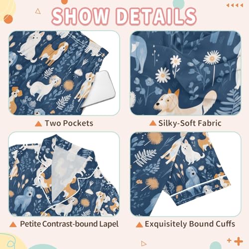 senya Leaves Dog Satin Summer Pajama Sets Silk Short Sleeve Button Down Sleepwear3