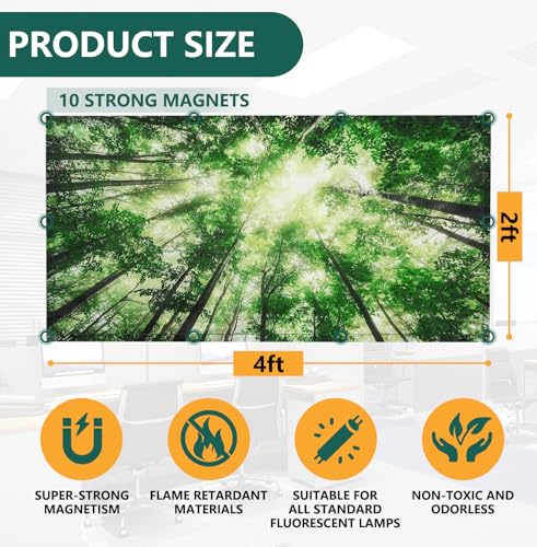 Image of Fluorescent Light Covers, 2 Pack 4 x 2 Feet Magnetic Ceiling Lights for Classroom Decor, Drop Ceiling Cover With 10 Magnets for Office (Forest)