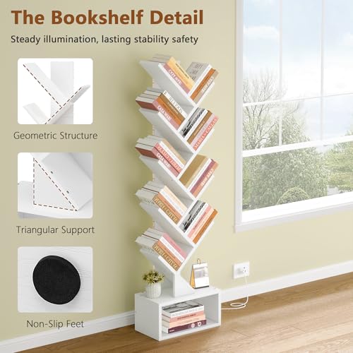 Image of Hoctieon 9 Tier Tree Bookshelf, Tall Bookcase, Freestanding Book Shelf with LED Lights, Display Floor Standing Storage Shelf, Book Organizer Shelves for Home Office, Living Room, White