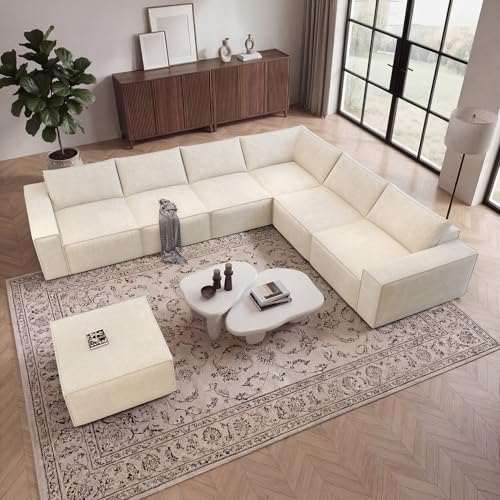 Image of Vesgantti 143.7 inch Boneless Couch for Living Room, 6 Seater Modular Sectional Sofa with Ottoman & Deep Seat, Convertible Chenille Oversized Cloud Couches, No Assembly Required, Beige