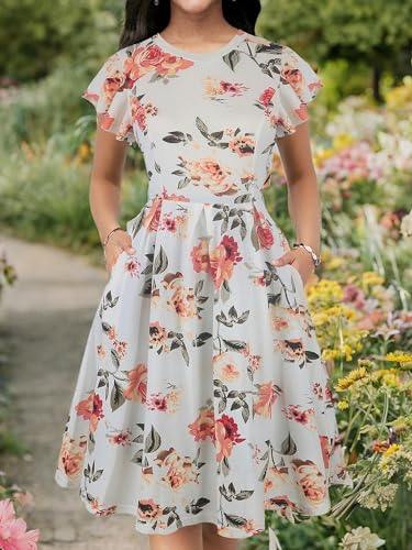 Image of oxiuly Women's Flounce Sleeve Wedding Church Vintage Dresses Casual Floral Party Cocktail Work Dress with Pockets Fei376