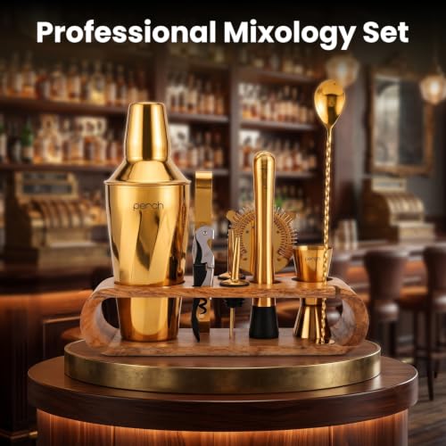 Image of O' Holic by Perch 10-Piece Bartender Kit with Mango Wooden Stand|Cocktail Shaker Gift Set with Jigger,Strainer,Spoon,Muddler, Pourers, Tongs & Corkscrew|Home Bar Accessories for Mixing Drinks (Golden)