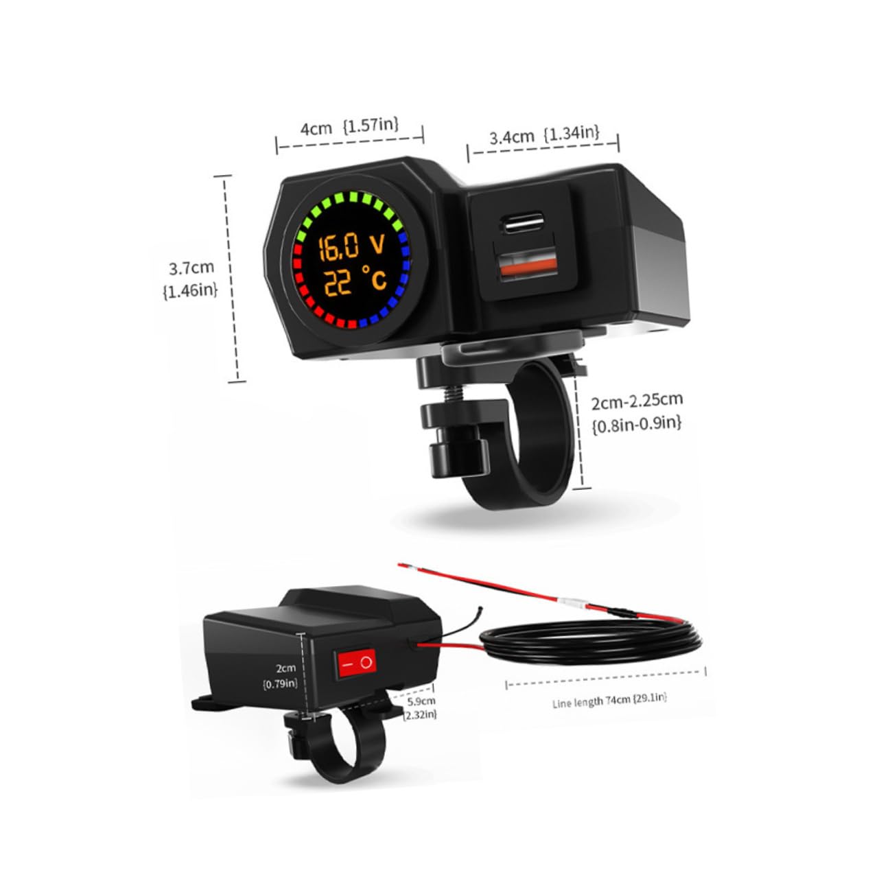 PLAFOPE Car Charger Multiport for Motorcycle Handlebar Mount Phone Charger Voltmeter Temperature Display