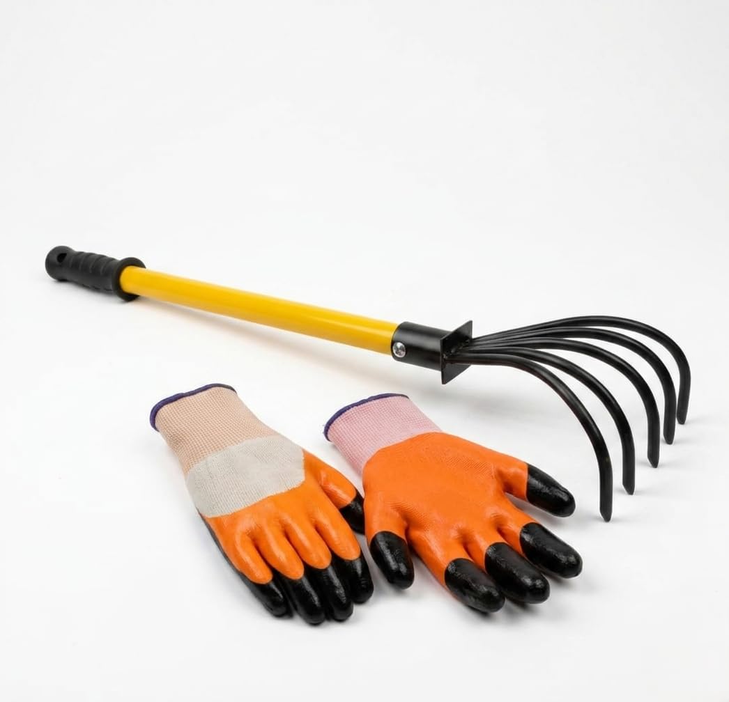 Garden Hand Cultivator Rake with Gardening Gloves, 5-Tine Metal, Long Handle, for Weeding, Soil Loosening and Digging, Garden Tool Set-image-35
