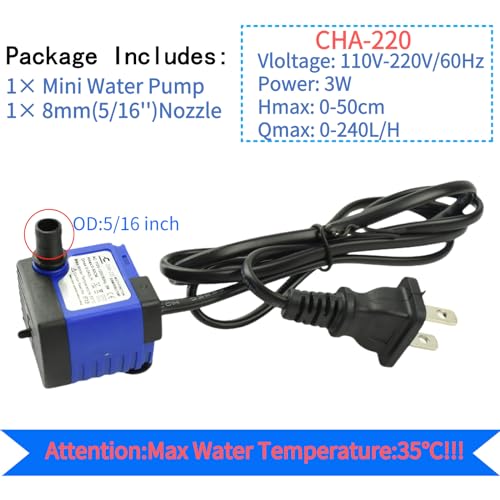 Image of Conquerall CHA-220 240L /H 60GPH AC 110V Submersible Pump 3W Mini Ultra Quiet Water Pump 1.64ft High Lift for Fish Tanks, Small Ponds, Fountains, Water Features, Statues, Hydroponics and Pet Fountains