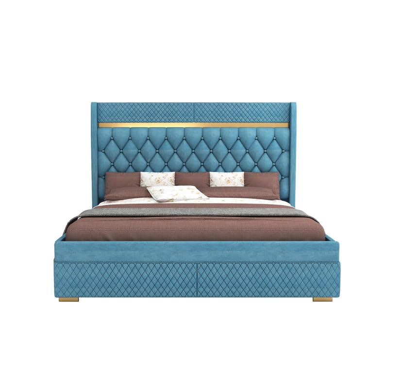 Image of MAMTA DECORATION Solid Wood Queen Size Bed with Box Storage | Premium Velvet Upholstered Tufted Headboard Palang Cot Bed | Modern Wooden Double Bed for Bedroom, Home, Hotel & Guest Room | Blue Finish