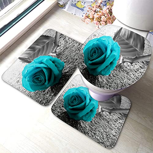 Badezimmerteppich-Set, 3-teilig, Blume, Blaugrün, Blau, Rose, Schwarz und Weiß, Blumenmuster, waschbare Badteppiche, rutschfest, mit Rückenpolster, Konturteppich und Toilettendeckelbezug