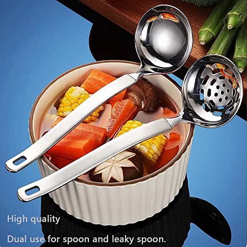 Collfa Soup Ladle Metal Sus304 Stainless Steel Ladles Spoon And Slotted Colander Spoon Set Small Soup Ladle With Holes Strainer Scoop Ladles For Serving Gravy Hot Pot Or Restaurant,2 Piece Set #TOP2