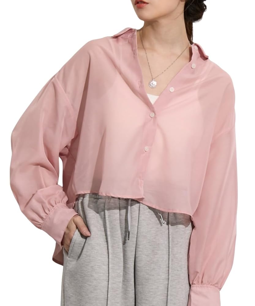 美品　DouDou ショート丈シアーシャツ ピンク　シャツ 美品 DouDou ショート丈シアーシャツ ピンク シャツ DouDou