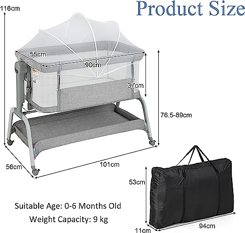 Baby's Cradle, Height Adjustable Infant Co-Sleeper Travel Cot with Detachable Net - Image 6