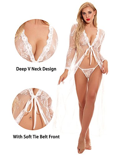 cunlin Women Sexy See Through Lace Gown Kimono Cover Up Sleepwear Set Plus Size Dress Maternity Pregnant Robe White M - Thumbnail 3