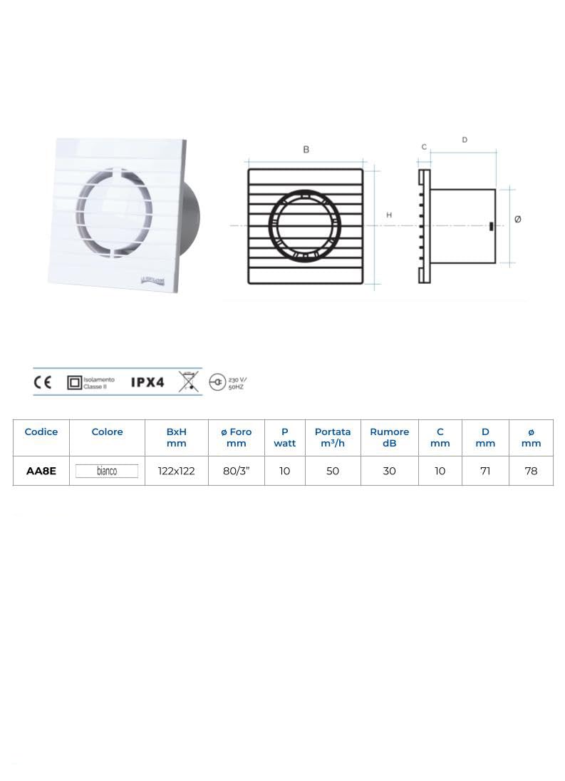 La Ventilazione AA8E Aspiratore Elicoidale da Parete per fori ø 80 mm