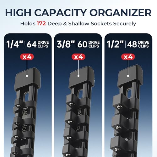 Image of Reniteco 12-Pack Socket Organizer Set, 1 /4 inch x 64 3 /8 inch x 60 1 /2 inch x 48 Clips | 172 Clip Capacity, Havy-Duty ABS Socket Rails, Removable Clips, Drive Socket Storage, Toolbox Drawer or Wall Mount