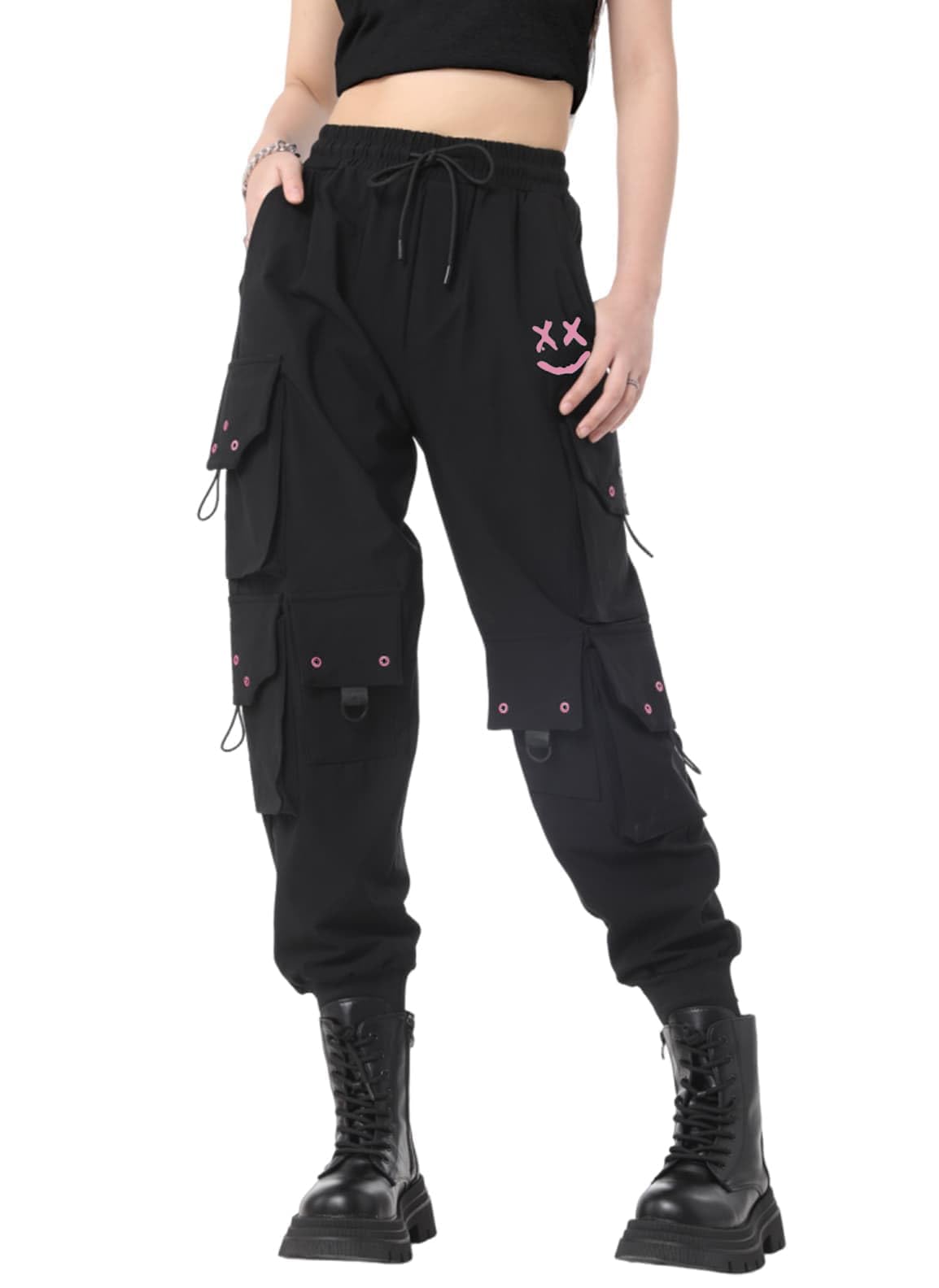 CLOAKA Cargohose Damen Hosen Jogginghose High Waist Y2k Gothic Techwear Streetwear Cargohosen Stretch Bequeme mit Gummizug Lockere Baggy Outdoor Hip Hop Print