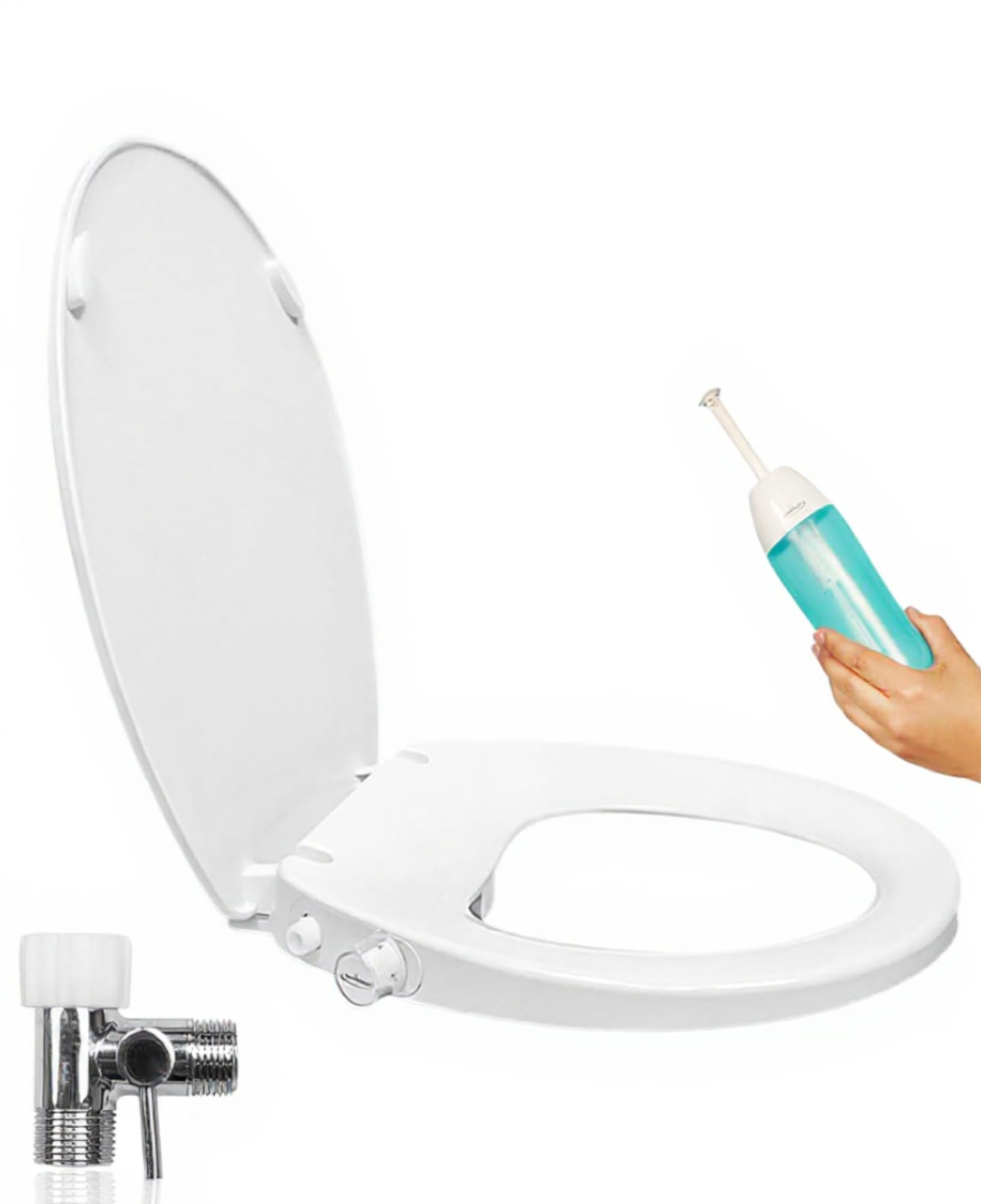 GenieBidet Bidet Toilet Seat Elongated - Dual Nozzles with T adapter & Bottle - Adjustable Water Pressure & Slow Close Bidet Seat Elongated with No Wiring & Easy Installation