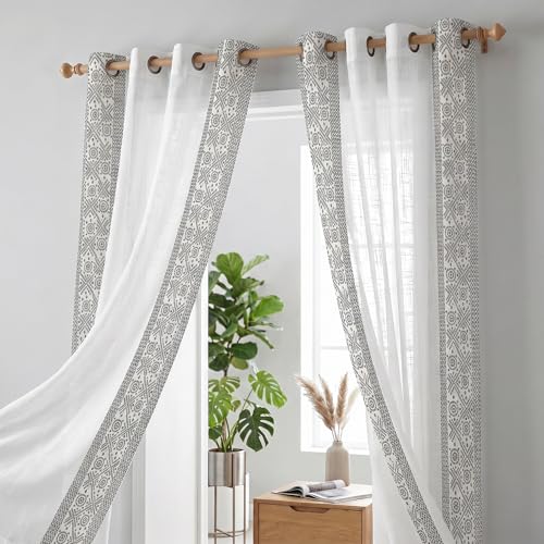 Image of LINENWALAS Decorative Cotton Linen Sheer Curtains 9 Feet for Long Door -Block Printed Door Curtain | Grommet Hanging Style Pack of 2 Panels |Light Filtering Sheer Drapes (Black Bandhani)