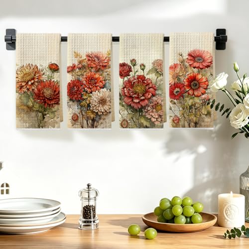 Image of 4Pcs Vintage Red Floral Kitchen Towels, Artistic Flower Decorative Absorbent Microfiber Dish Cloth Tea Towel, Durable Hand Towels for Farmhouse Home Bathroom, Housewarming Gifts