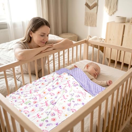 Image of Pea Pod Baby Girls Blanket Soft Floral Minky Blanket for Newborn, 30'' x 40'' Double Layer Design, Dotted Backing Breathable Bows Baby Quilt Crib Blanket for Nursery /Stroller /Toddler Bed /Baby Car Seat