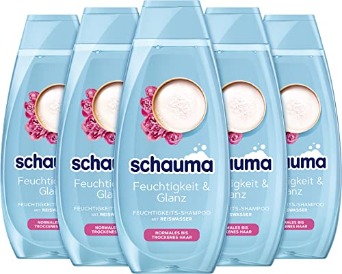 Schauma Moisturising Shampoo Moisture & Shine (5 x 400 ml), Hair Shampoo with Rice Water Gently Cleanses the Scalp