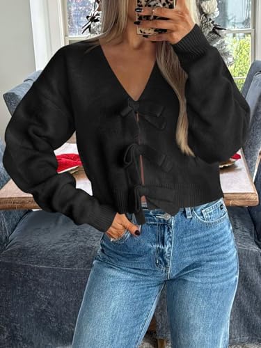 Image of Saodimallsu Womens Bow Sweater Cropped V Neck Long Sleeve Pullover Tops | Soft Cozy Knit, Two-Way Wear Design, Front & Back Bow, Cute Fall Tops 2026, Winter Fashion, Dressy Casual Holiday Outfits