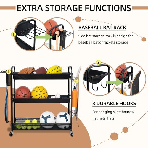 STORAGE-MANIAC-Basketball-Rack-3-Shelf-Training-Stand-with-Wheels-Sports-Ball-Cart-with-Hooks-Rolling-Ball-Basket-Storage-for-Garage-or-Gym-Indoor-Outdoor-Sports-Equipment-Organizer