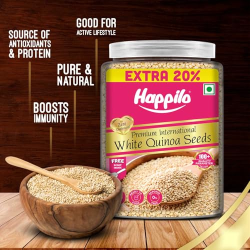 Image of Happilo Premium International White Quinoa Seeds Jar 1000g +200g (20% Extra), Source of Plant-Based Protein, Dietary Fiber, Nutrient-Rich Superfood
