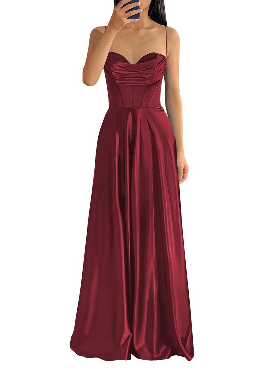 Sayno Women's Burgundy Womem's Cowl Neck Spaghetti Straps Prom Dresses A Line Spaghetti Straps Satin Formal Evening Party Gowns With Slit Uk10