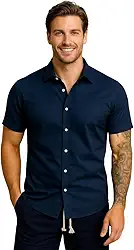 Camisa Masculina Gola Italiana Manga Curta Leve Elegante para Trabalho e Passeios, Tecido Fresco Passa Facil