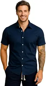Camisa Masculina Gola Italiana Manga Curta Leve Elegante para Trabalho e Passeios, Tecido Fresco Passa Facil