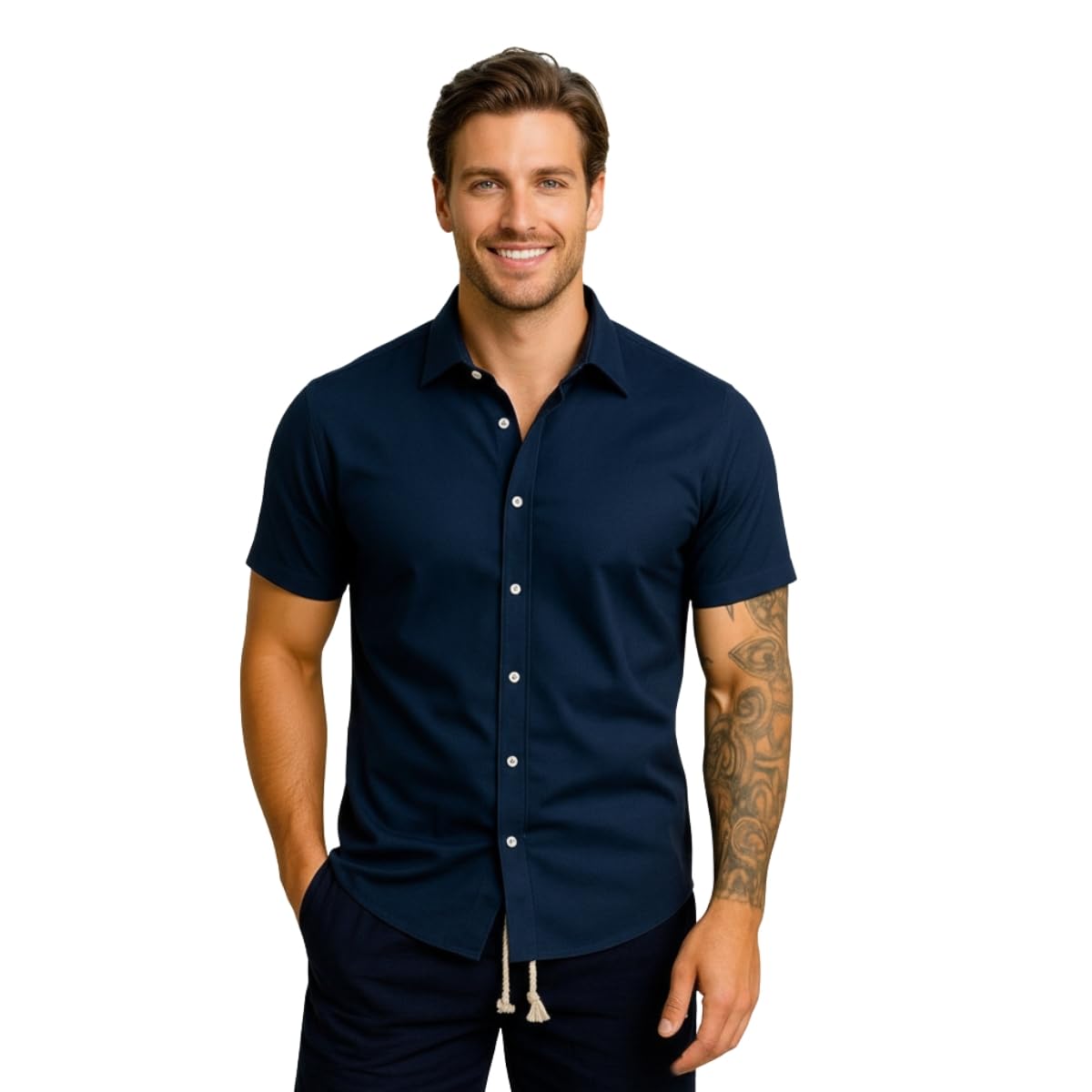Camisa Masculina Gola Italiana Manga Curta Leve Elegante para Trabalho e Passeios, Tecido Fresco Passa Facil