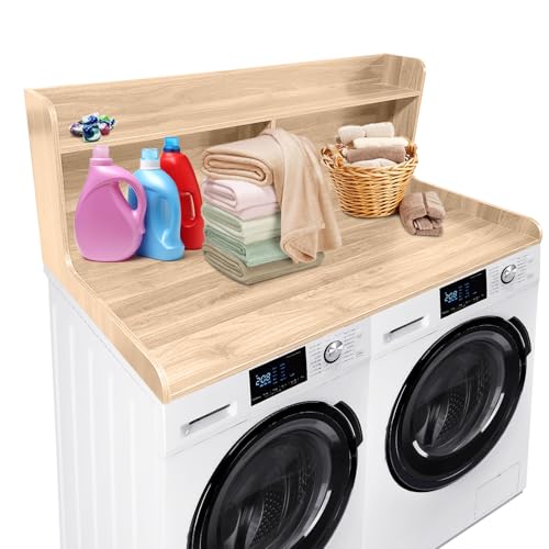 GarveeHome 2-Tier Washer Dryer Countertop, Wood Laundry Countertop with 2.75" H Edge Rails, Waterproof Washer Dryer Cover with Anti-Slip Pads for Laundry Room Organization and Storage
