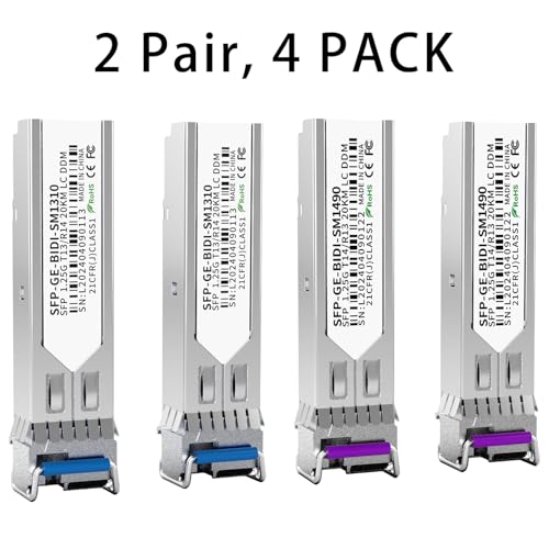 Image of 2 Pair 1.25G BiDi SFP Fiber Transceiver Module, 1000BASE-BX-D, Single-Mode Simplex LC, Tx /Rx 1490nm /1310nm, DDM, SMF, Compatible with Cisco, Ubiquiti /Unifi, Mikrotik, TP-Link and More, up to 20km
