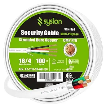 SYSTON 18/4 Fire Security Burglar Station Sound Alarm Control Cable Wire,18 AWG 4 Conductors Plenum-Rated CMP/CL3P Shielded 100% Copper Stranded,UV Resistant RoHS for Low Voltage Applications Use