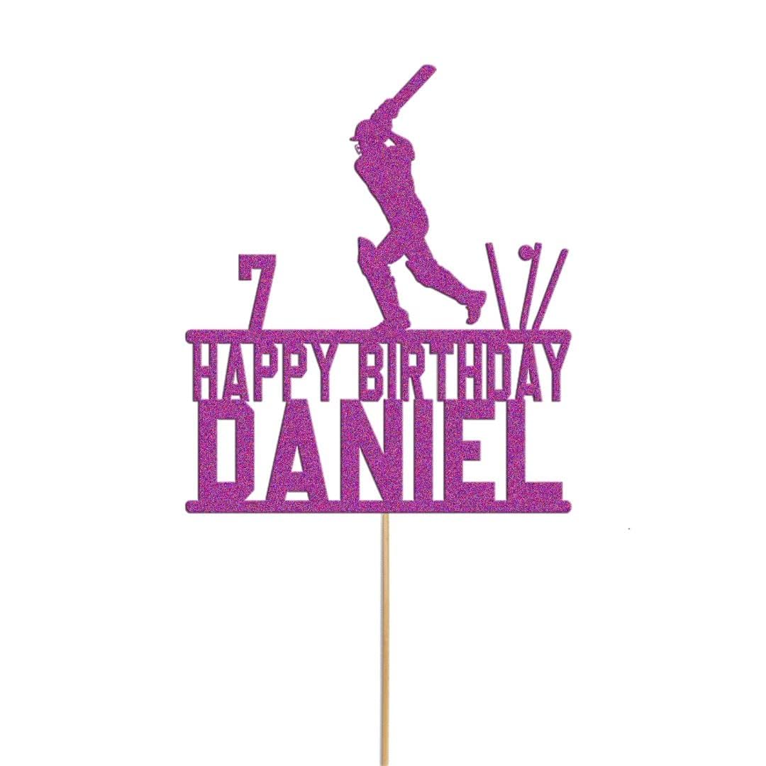 Personalised Cricket Cake Topper | Custom Name & Age | Birthday Party Decoration | Cricket Theme Cake Topper for Boys & Girls | Glitter Acrylic Cake Topper for Sports Parties (Purple)