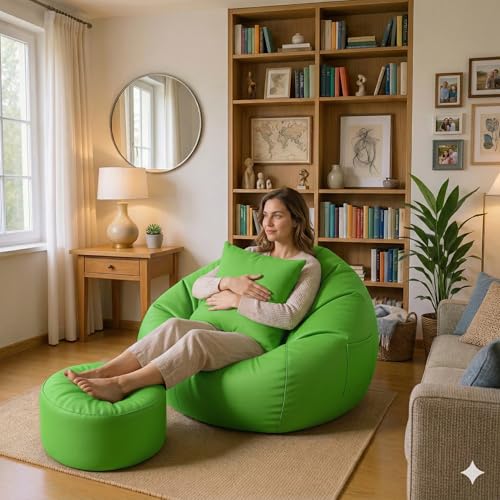 Image of IVIKA Bean Bag with Stool & Cushion | XXXXXL Size Premium Leatherette Bean Bag for Gaming, Living Room & Bedroom (5XL - Green)