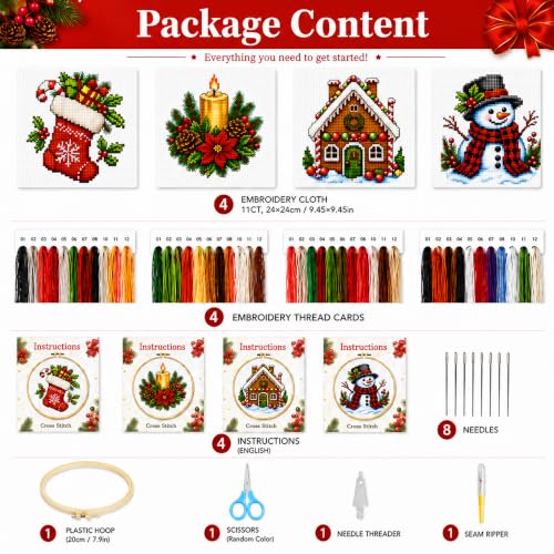 Image of Zhenqing 4 Christmas Cross Stitch Kit, 11CT Printed Fabric, Hoop & Tools | 4 Christmas designs with 11CT printed fabric, extra floss, one hoop, tools and English guides for beginners.