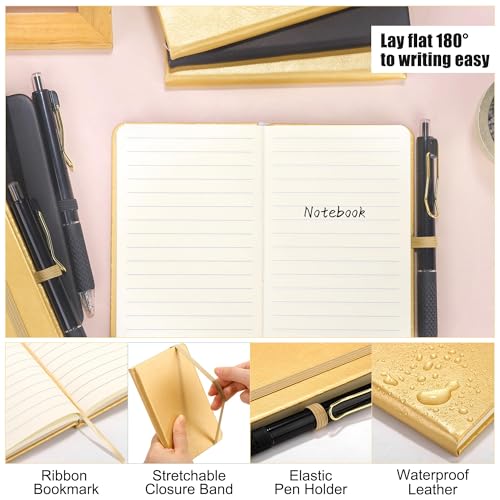 Cuadernos de bolsillo Aodaer con bolígrafos y tapa dura de cuero negro y dorado 4