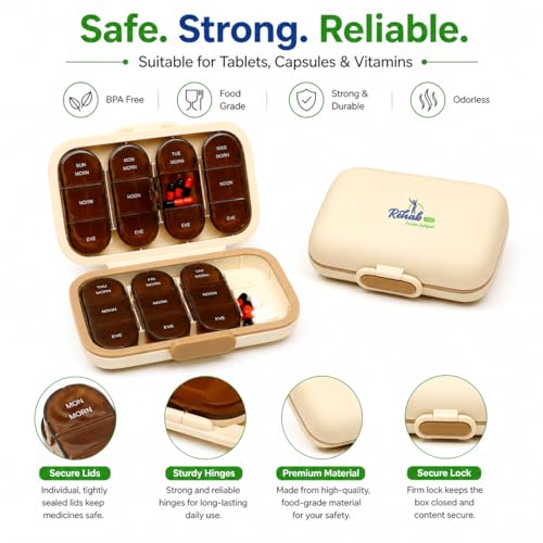 Image of Weekly Pill Organizer with Tablet Cutter | Medicine Organizer & Pill Box, BPA-Free Portable Travel Medicine Box, Ideal Tablet Box for Medicine, Vitamins & Supplements (SANDAL ( MODEL : TABBY 105 ))