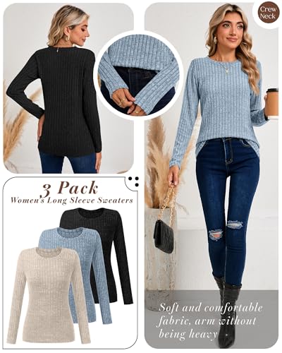 Huukeay 3 Pack Women's Long Sleeve Sweaters, Lightweight Crew Neck Shirts Regular Fit Tunic Tops Casual Solid Color Pullover4